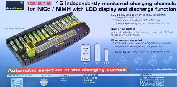 16er Ladegerät für 16 AA oder 16 AAA Batterien und 2 9 V Blockbatterien